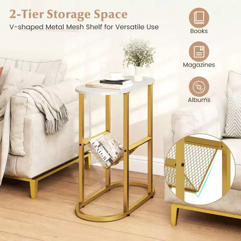 End Table with Faux Marble Tabletop & Magazine Holder Heavy-duty Metal Frame Brown/White