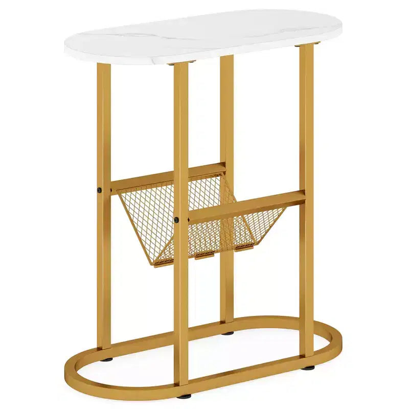 End Table with Faux Marble Tabletop & Magazine Holder Heavy-duty Metal Frame Brown/White