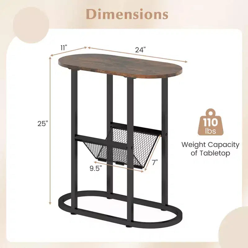 End Table with Faux Marble Tabletop & Magazine Holder Heavy-duty Metal Frame Brown/White