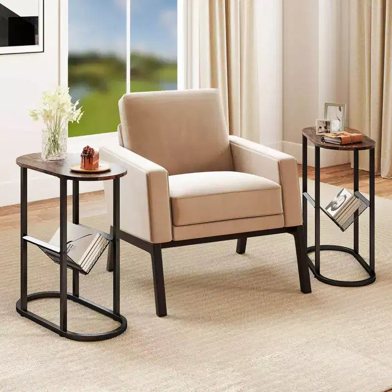 End Table with Faux Marble Tabletop & Magazine Holder Heavy-duty Metal Frame Brown/White