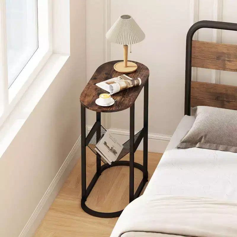 End Table with Faux Marble Tabletop & Magazine Holder Heavy-duty Metal Frame Brown/White