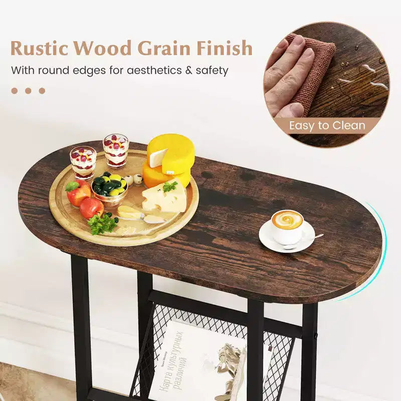 End Table with Faux Marble Tabletop & Magazine Holder Heavy-duty Metal Frame Brown/White