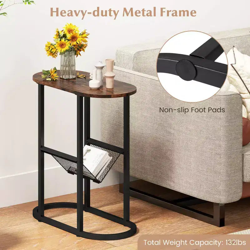 End Table with Faux Marble Tabletop & Magazine Holder Heavy-duty Metal Frame Brown/White