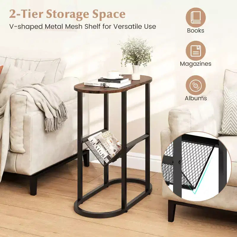 End Table with Faux Marble Tabletop & Magazine Holder Heavy-duty Metal Frame Brown/White