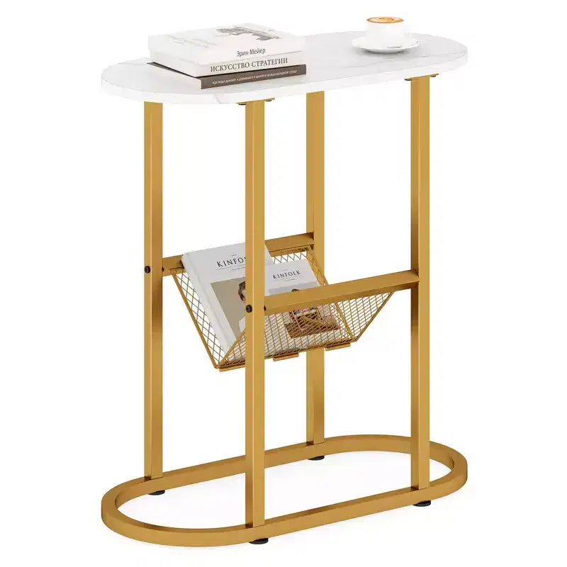 End Table with Faux Marble Tabletop & Magazine Holder Heavy-duty Metal Frame Brown/White
