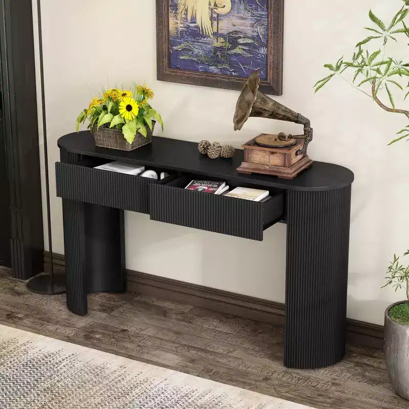 54IN Modern Console Table with Fluted Design, Entryway Table with 2 Storage Drawers and Oval Top, Accent Table for Hallway, Living Room, Black