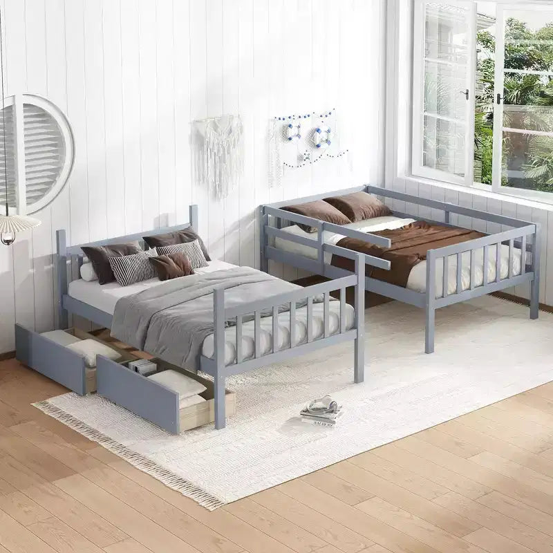 77.3" Twin-Over-Twin Bunk Bed with 2 Storage Drawers, Gray