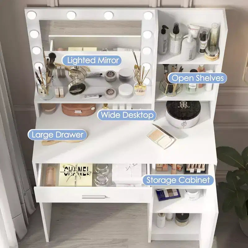Modern Vanity Table with Mirror & Adjustable LED Lights – Large Dressing Desk with Storage, Makeup Table for Bedrooms