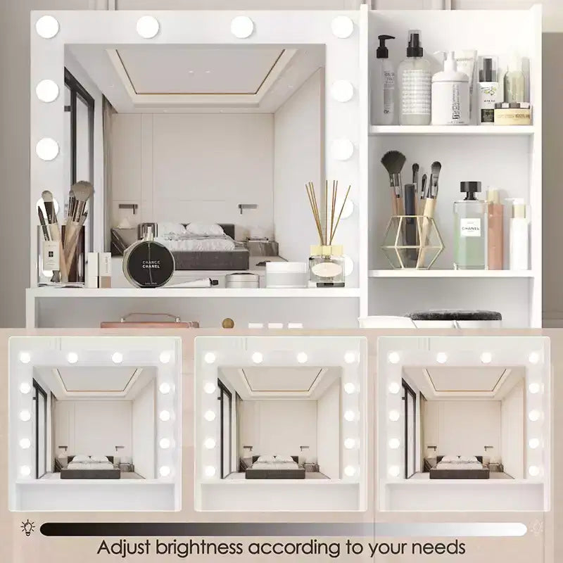 Modern Vanity Table with Mirror & Adjustable LED Lights – Large Dressing Desk with Storage, Makeup Table for Bedrooms