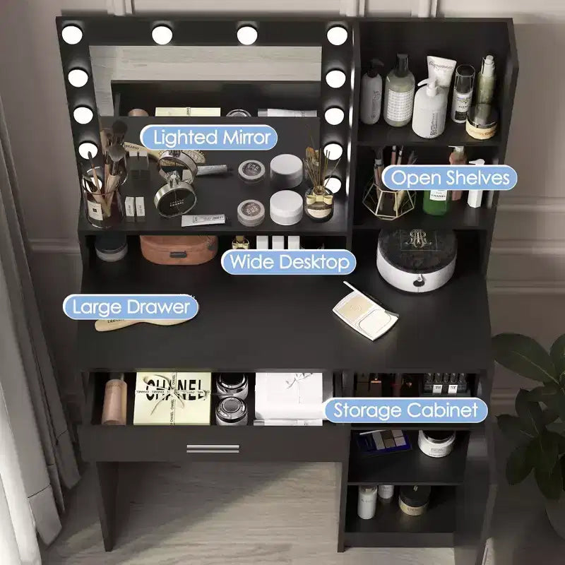 Modern Vanity Table with Mirror & Adjustable LED Lights – Large Dressing Desk with Storage, Makeup Table for Bedrooms