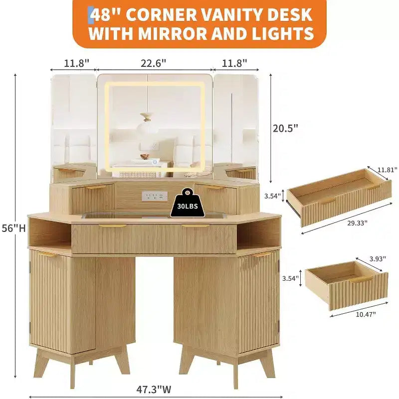 Fluted Vanity Table with Mirror, Glass Top, Cabinet and Drawers, Makeup Desk