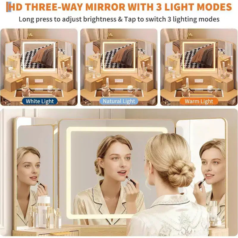 Fluted Vanity Table with Mirror, Glass Top, Cabinet and Drawers, Makeup Desk