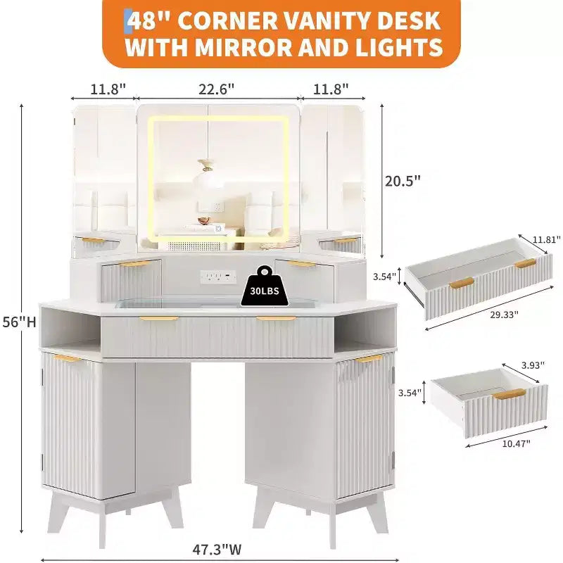 Fluted Vanity Table with Mirror, Glass Top, Cabinet and Drawers, Makeup Desk