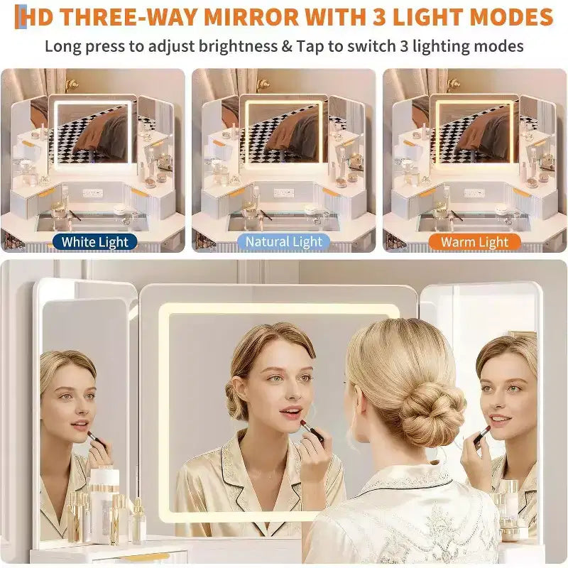 Fluted Vanity Table with Mirror, Glass Top, Cabinet and Drawers, Makeup Desk