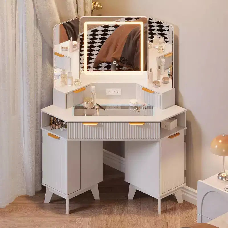 Fluted Vanity Table with Mirror, Glass Top, Cabinet and Drawers, Makeup Desk