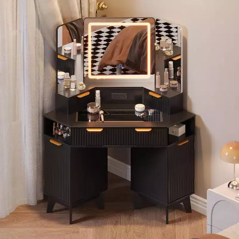 Fluted Vanity Table with Mirror, Glass Top, Cabinet and Drawers, Makeup Desk