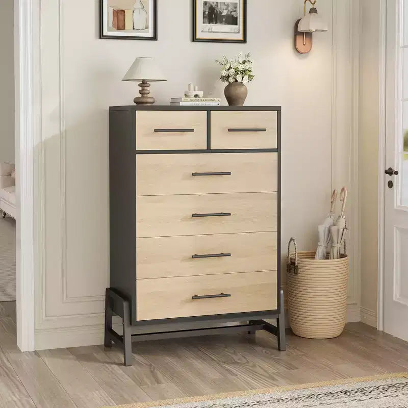 Natural Oak 6-Drawer Dresser, Freestanding Storage Chest (46.6 Tall)  For Bedroom, Living Room, or Entryway