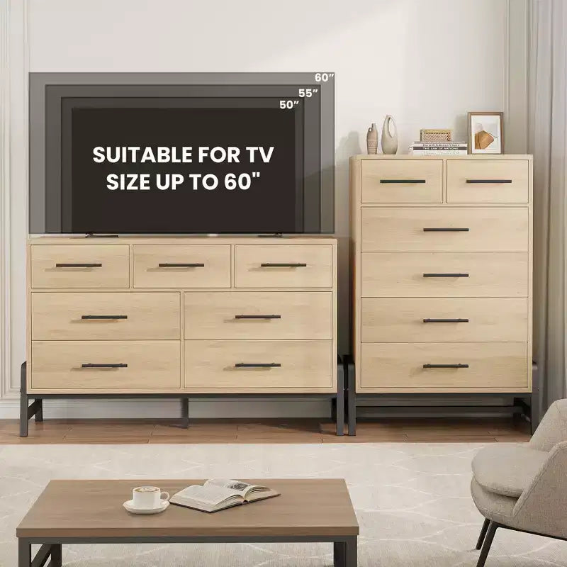 Natural Oak 6-Drawer Dresser, Freestanding Storage Chest (46.6 Tall)  For Bedroom, Living Room, or Entryway