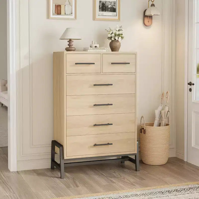 Natural Oak 6-Drawer Dresser, Freestanding Storage Chest (46.6 Tall)  For Bedroom, Living Room, or Entryway