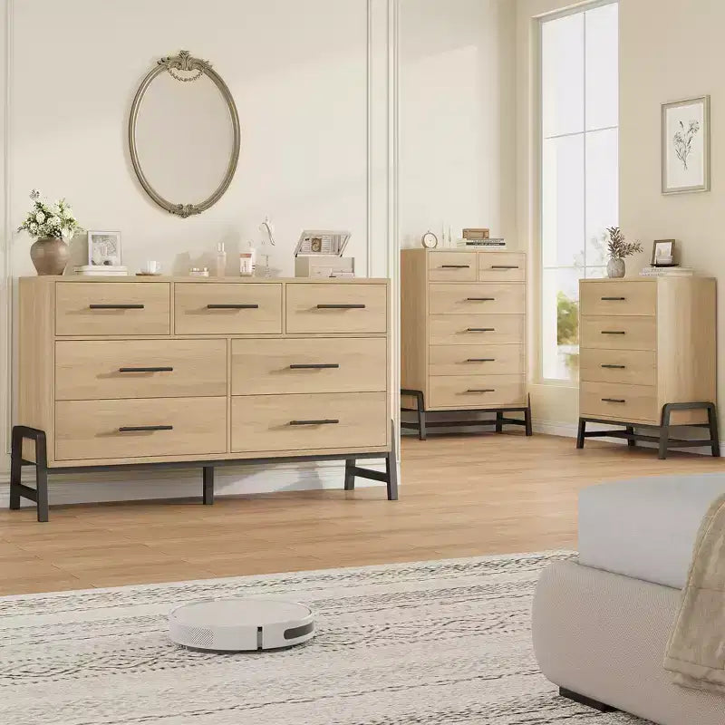 Natural Oak 6-Drawer Dresser, Freestanding Storage Chest (46.6 Tall)  For Bedroom, Living Room, or Entryway