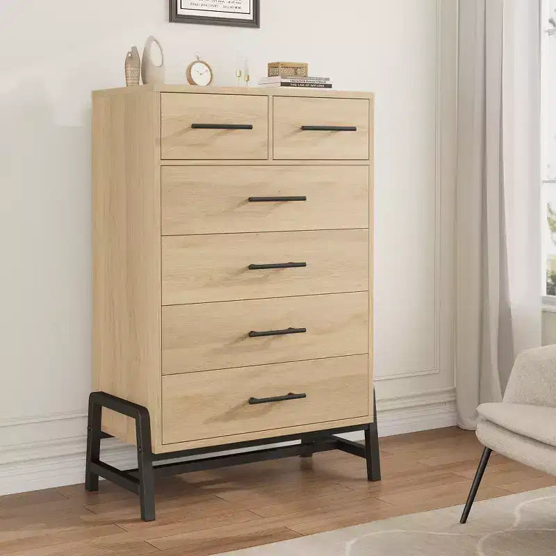 Natural Oak 6-Drawer Dresser, Freestanding Storage Chest (46.6 Tall)  For Bedroom, Living Room, or Entryway