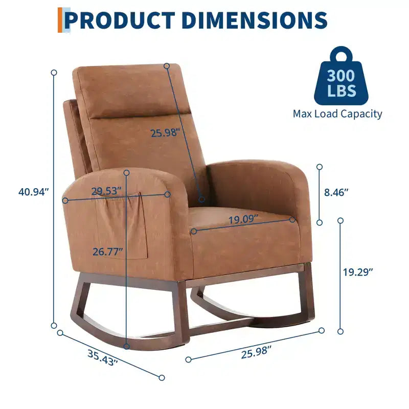 Upholstered Glider Rocker Chair with High Backrest & Wooden Legs, Comfy Nursery Rocking Accent Chair with Side Pocket for Living Room