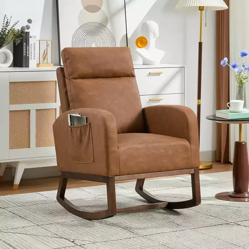Upholstered Glider Rocker Chair with High Backrest & Wooden Legs, Comfy Nursery Rocking Accent Chair with Side Pocket for Living Room