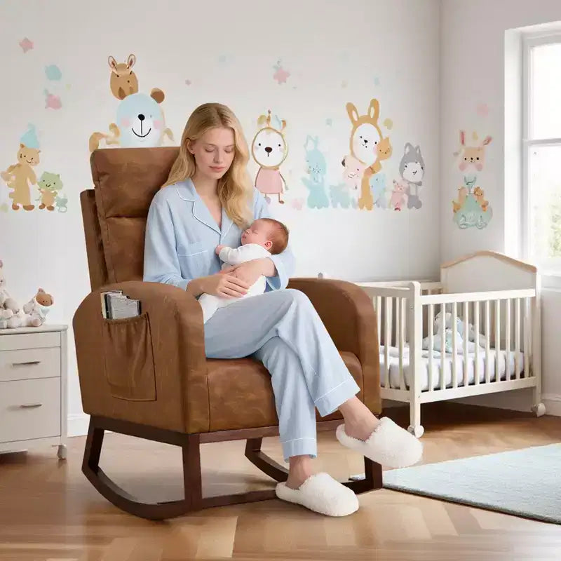 Upholstered Glider Rocker Chair with High Backrest & Wooden Legs, Comfy Nursery Rocking Accent Chair with Side Pocket for Living Room