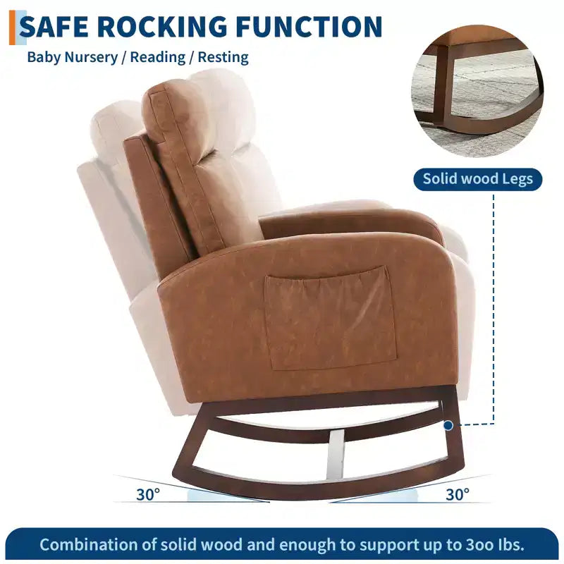 Upholstered Glider Rocker Chair with High Backrest & Wooden Legs, Comfy Nursery Rocking Accent Chair with Side Pocket for Living Room