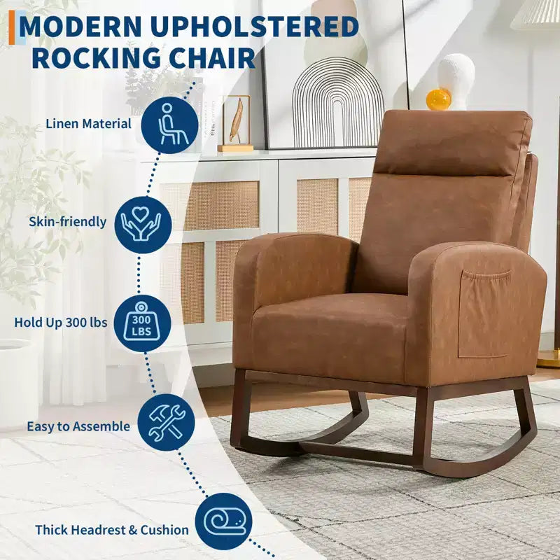 Upholstered Glider Rocker Chair with High Backrest & Wooden Legs, Comfy Nursery Rocking Accent Chair with Side Pocket for Living Room