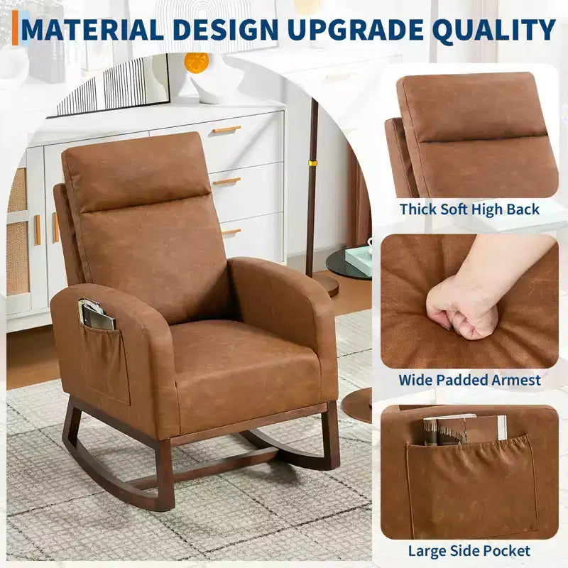 Upholstered Glider Rocker Chair with High Backrest & Wooden Legs, Comfy Nursery Rocking Accent Chair with Side Pocket for Living Room