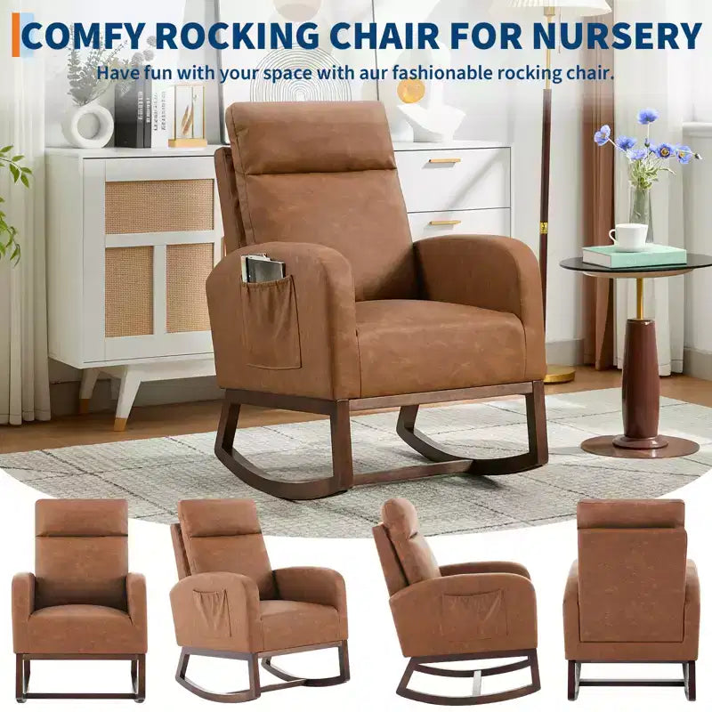 Upholstered Glider Rocker Chair with High Backrest & Wooden Legs, Comfy Nursery Rocking Accent Chair with Side Pocket for Living Room
