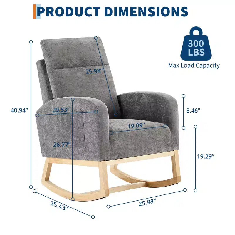 Upholstered Glider Rocker Chair with High Backrest & Wooden Legs, Comfy Nursery Rocking Accent Chair with Side Pocket for Living Room