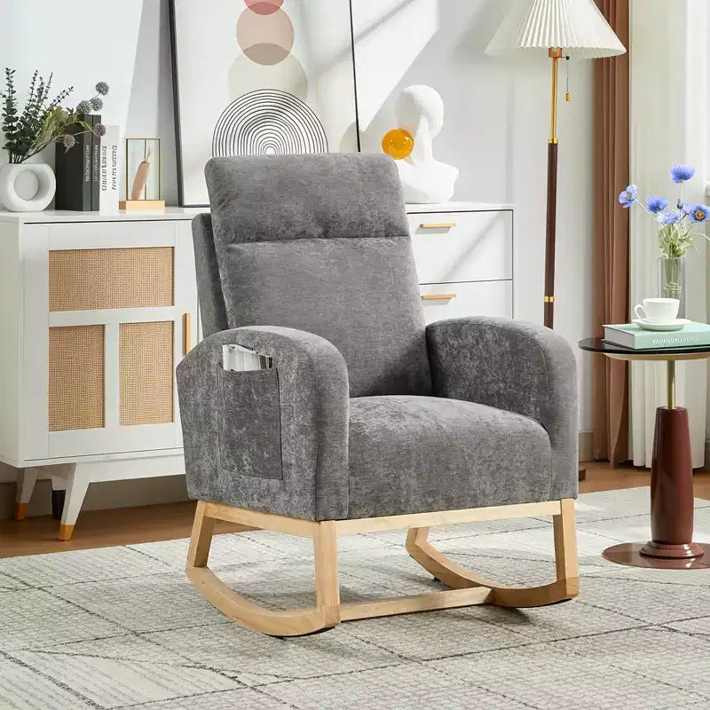 Upholstered Glider Rocker Chair with High Backrest & Wooden Legs, Comfy Nursery Rocking Accent Chair with Side Pocket for Living Room