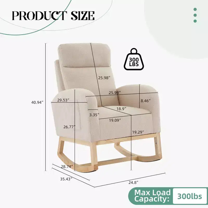 Upholstered Glider Rocker Chair with High Backrest & Wooden Legs, Comfy Nursery Rocking Accent Chair with Side Pocket for Living Room