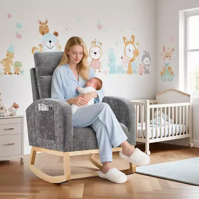 Upholstered Glider Rocker Chair with High Backrest & Wooden Legs, Comfy Nursery Rocking Accent Chair with Side Pocket for Living Room