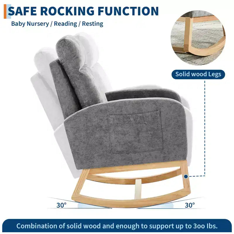Upholstered Glider Rocker Chair with High Backrest & Wooden Legs, Comfy Nursery Rocking Accent Chair with Side Pocket for Living Room