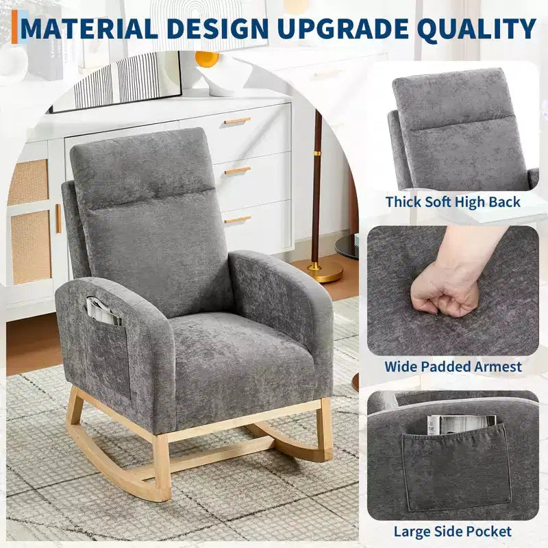 Upholstered Glider Rocker Chair with High Backrest & Wooden Legs, Comfy Nursery Rocking Accent Chair with Side Pocket for Living Room