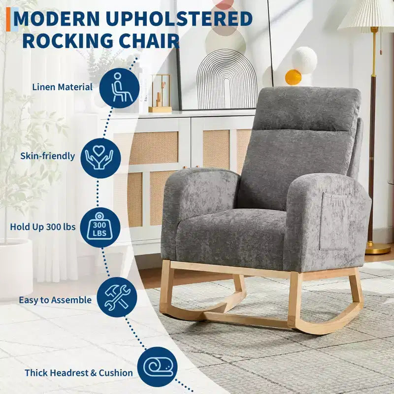 Upholstered Glider Rocker Chair with High Backrest & Wooden Legs, Comfy Nursery Rocking Accent Chair with Side Pocket for Living Room