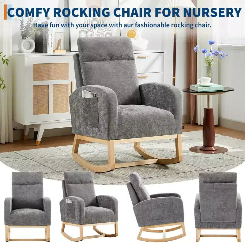 Upholstered Glider Rocker Chair with High Backrest & Wooden Legs, Comfy Nursery Rocking Accent Chair with Side Pocket for Living Room
