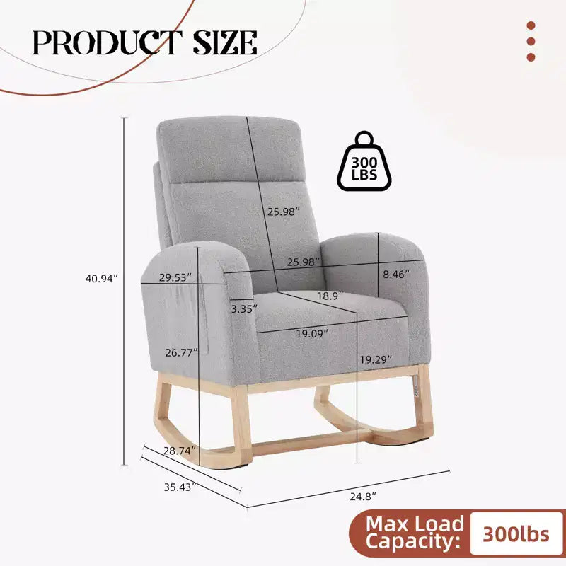 Upholstered Glider Rocker Chair with High Backrest & Wooden Legs, Comfy Nursery Rocking Accent Chair with Side Pocket for Living Room