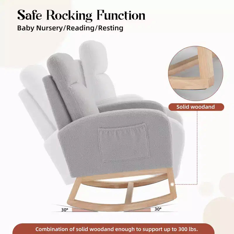 Upholstered Glider Rocker Chair with High Backrest & Wooden Legs, Comfy Nursery Rocking Accent Chair with Side Pocket for Living Room