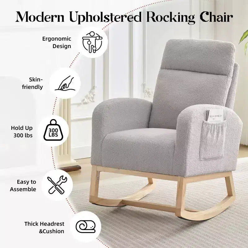 Upholstered Glider Rocker Chair with High Backrest & Wooden Legs, Comfy Nursery Rocking Accent Chair with Side Pocket for Living Room