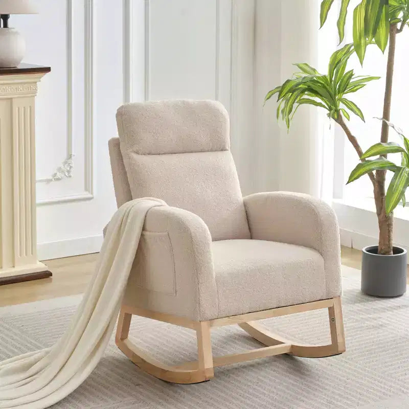 Upholstered Glider Rocker Chair with High Backrest & Wooden Legs, Comfy Nursery Rocking Accent Chair with Side Pocket for Living Room