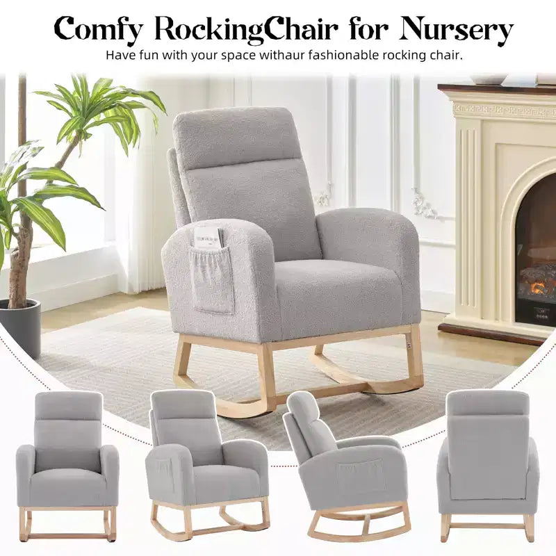 Upholstered Glider Rocker Chair with High Backrest & Wooden Legs, Comfy Nursery Rocking Accent Chair with Side Pocket for Living Room