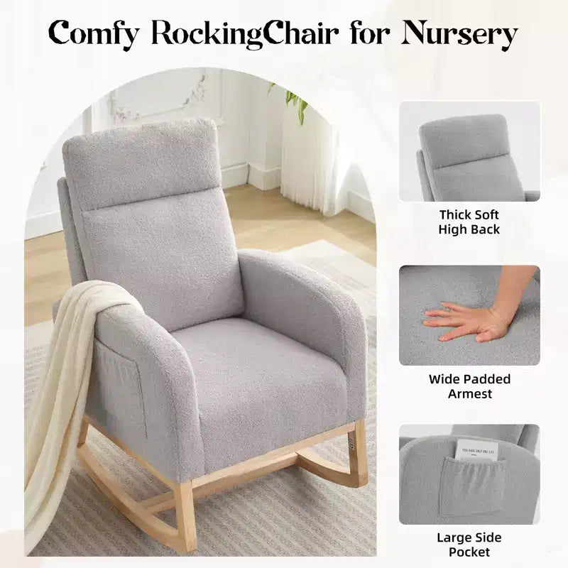 Upholstered Glider Rocker Chair with High Backrest & Wooden Legs, Comfy Nursery Rocking Accent Chair with Side Pocket for Living Room