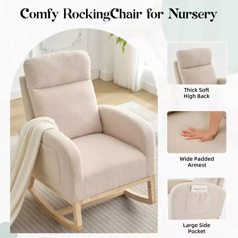 Upholstered Glider Rocker Chair with High Backrest & Wooden Legs, Comfy Nursery Rocking Accent Chair with Side Pocket for Living Room