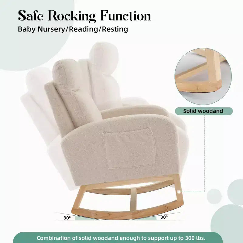 Upholstered Glider Rocker Chair with High Backrest & Wooden Legs, Comfy Nursery Rocking Accent Chair with Side Pocket for Living Room