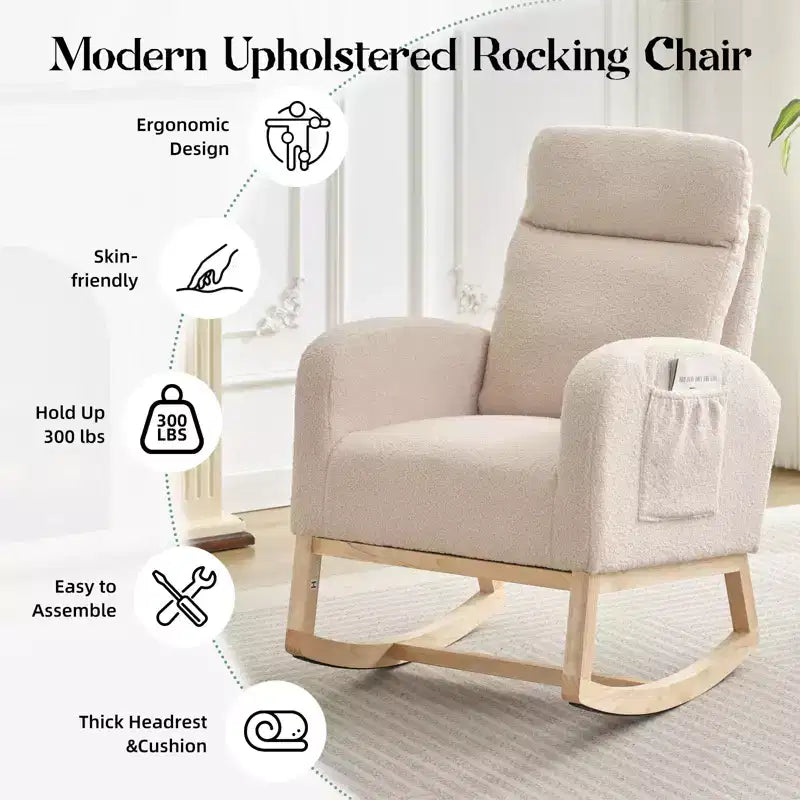 Upholstered Glider Rocker Chair with High Backrest & Wooden Legs, Comfy Nursery Rocking Accent Chair with Side Pocket for Living Room