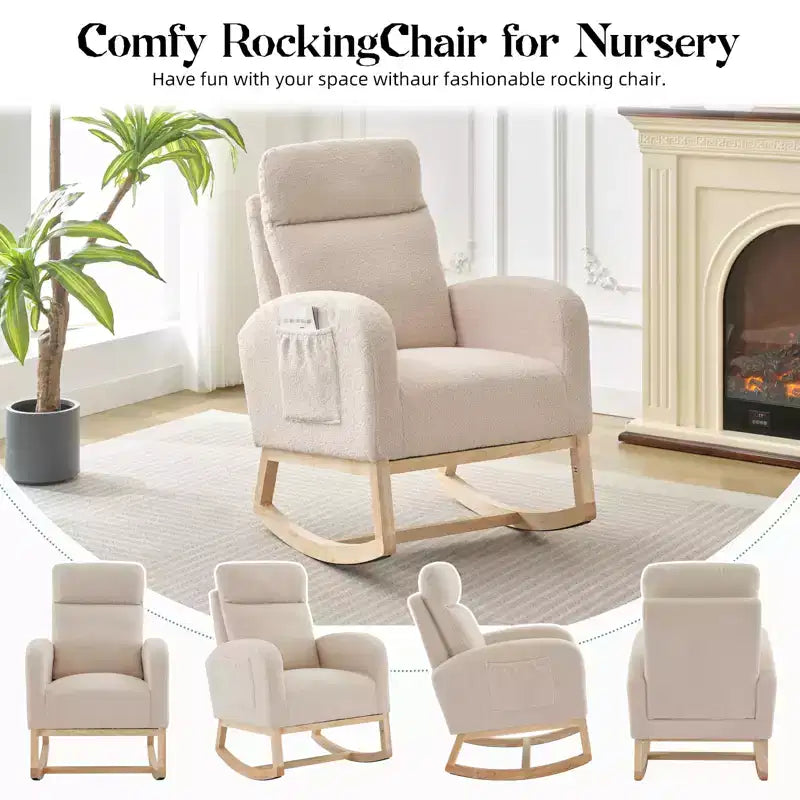 Upholstered Glider Rocker Chair with High Backrest & Wooden Legs, Comfy Nursery Rocking Accent Chair with Side Pocket for Living Room